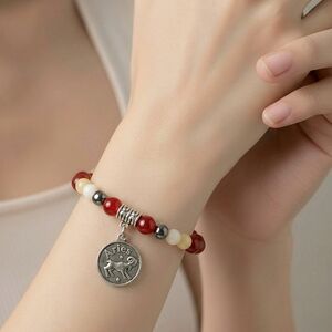 Aries Zodiac Red Agate, Honey Calcite and White Jade Bracelet Size 7"